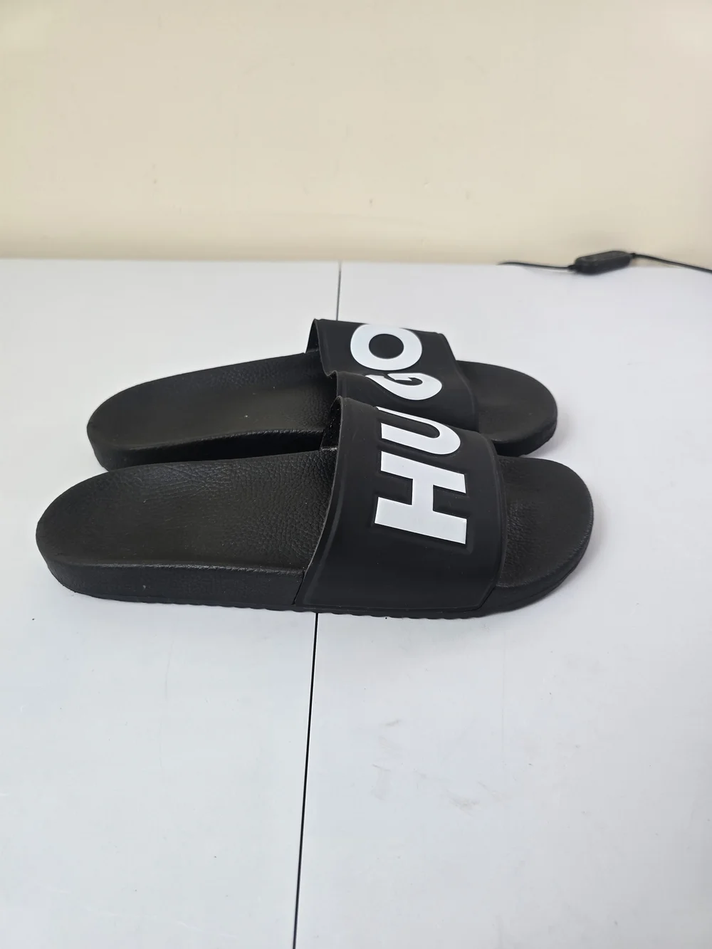 HUGO Black Slide Sandals with White Logo
